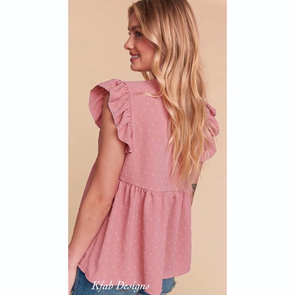 LAST ONE! Crochet/Lace Swiss Dot Cap Ruffle Sleeve Woven Top in Dusty Rose! - Picture 9 of 11